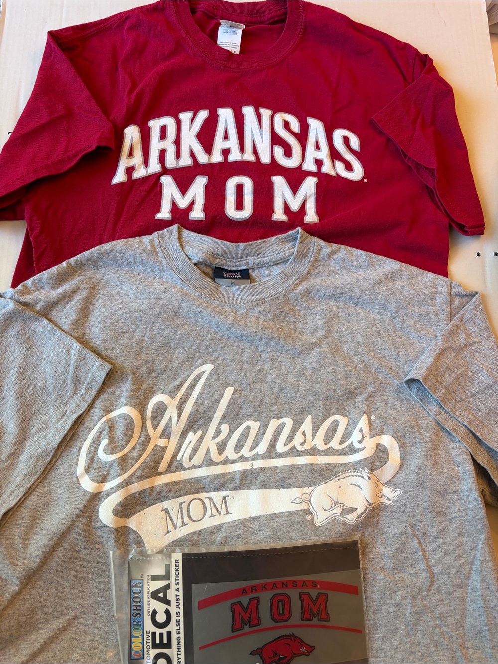 Two Arkansas Mom T-shirts and an Automotive Decal Arkansas Mom